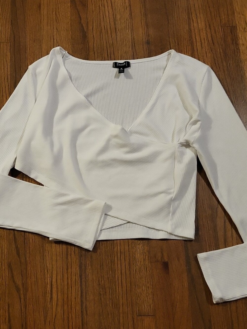 Aqua White Ribbed Long Sleeve Wrap Crop Top